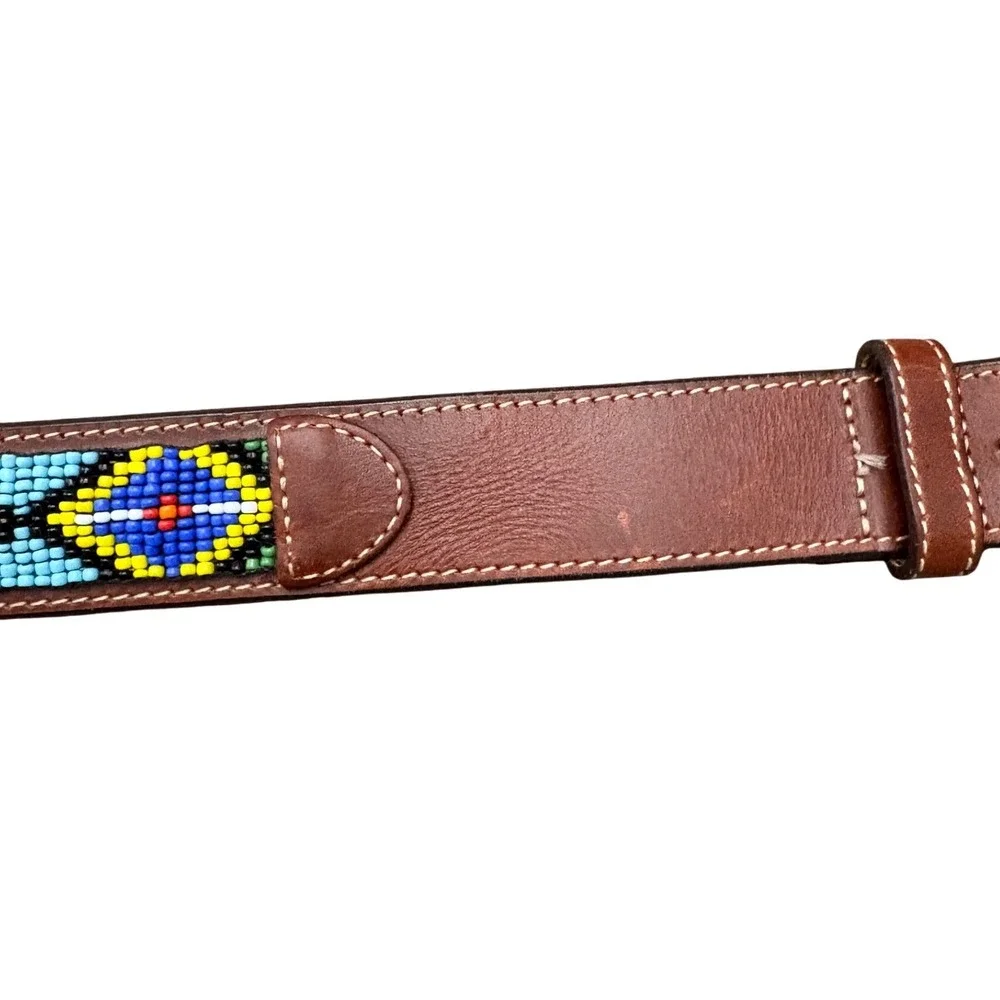 VTG GAP Beaded Leather Belt Sz 34 Mens USA Made Southwestern Western Multicolor